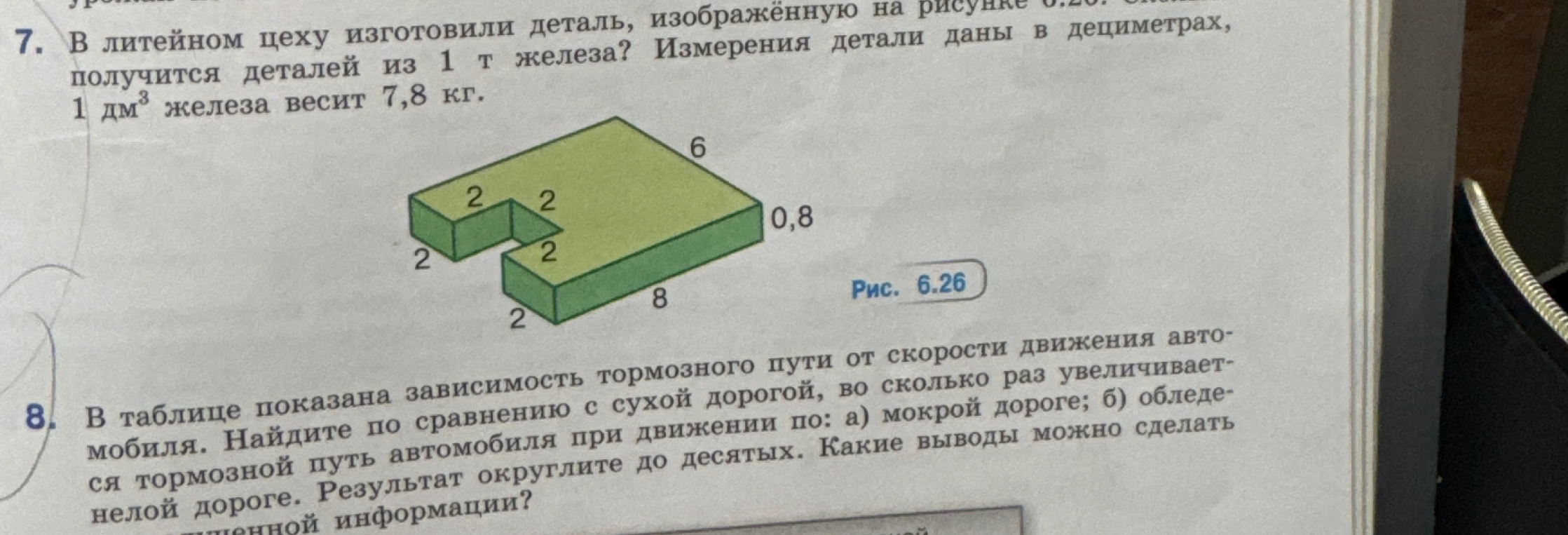 В литейном цеху изготовили деталь, изображённую на рисунке 6.26. Сколько получится деталей из 1 т железа? Измерения детали даны в дециметрах, 1 дм³ железа весит 7,8 кг.
