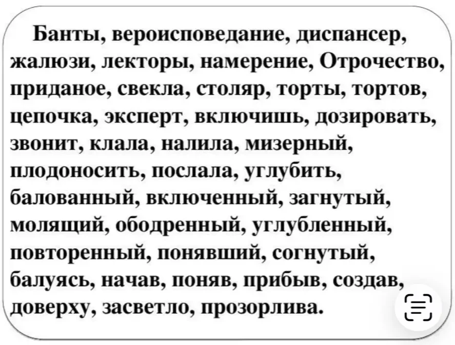 Банты, вероисповедание, диспансер, жалюзи, лекторы, намерение, Отрочество, приданое, свекла, столяр, торты, тортов, цепочка, эксперт, включишь, дозировать, звонит, клала, налила, мизерный, плодоносить, послала, углубить, балованный, включенный, загнутый, молящий, ободренный, углубленный, повторенный, понявший, согнутый, балуясь, начав, поняв, прибыв, создав, доверху, засветло, прозорлива.