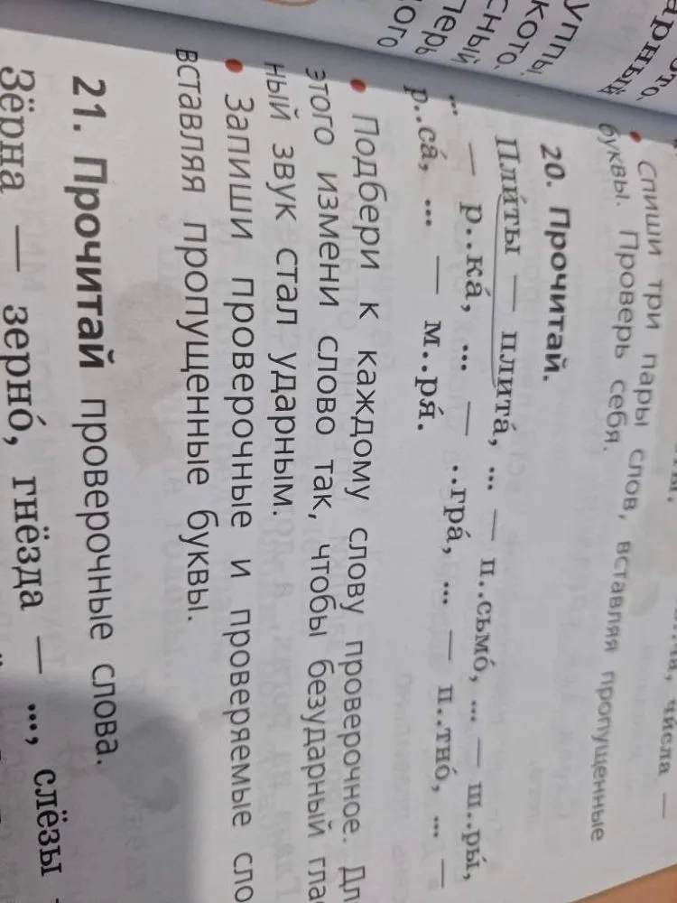 Спиши три пары слов, вставляя пропущенные буквы. Проверь себя.