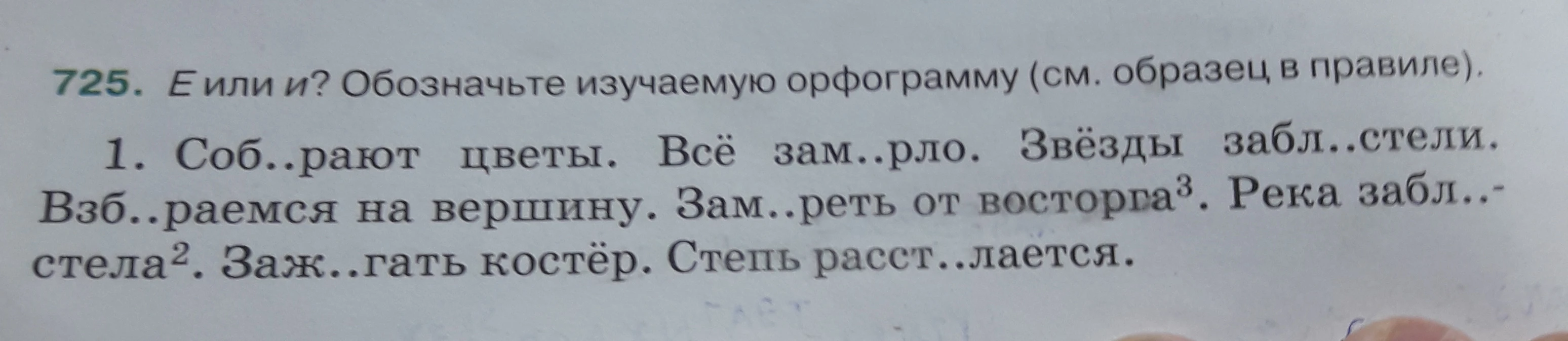 725. Е или и? Обозначьте изучаемую орфограмму (см. образец в правиле). 1. Соб..рают цветы. Всё зам..рло. Звёзды забл..стели. Взб..раемся на вершину. Зам..реть от восторга3. Река забл..стела2. Заж..гать костёр. Степь расст..лается.
