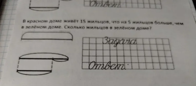 В красном доме живёт 15 жильцов, что на 5 жильцов больше, чем в зелёном доме. Сколько жильцов в зелёном доме?