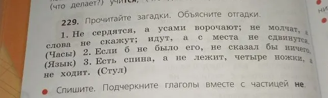 229. Прочитайте загадки. Объясните отгадки. Спишите. Подчеркните глаголы вместе с частицей не.