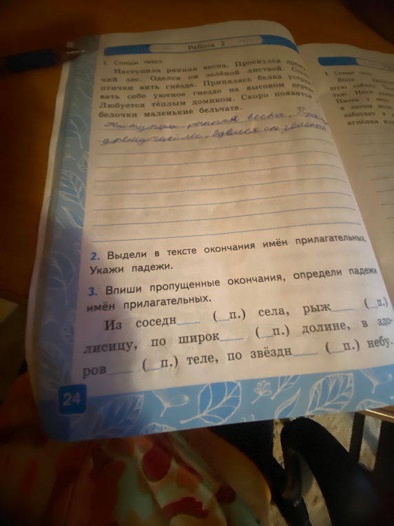Впиши пропущенные окончания, определи падежи имён прилагательных.