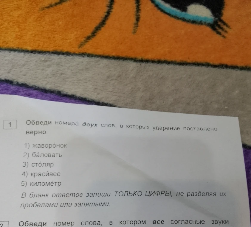 Обведи номера двух слов, в которых ударение поставлено верно.