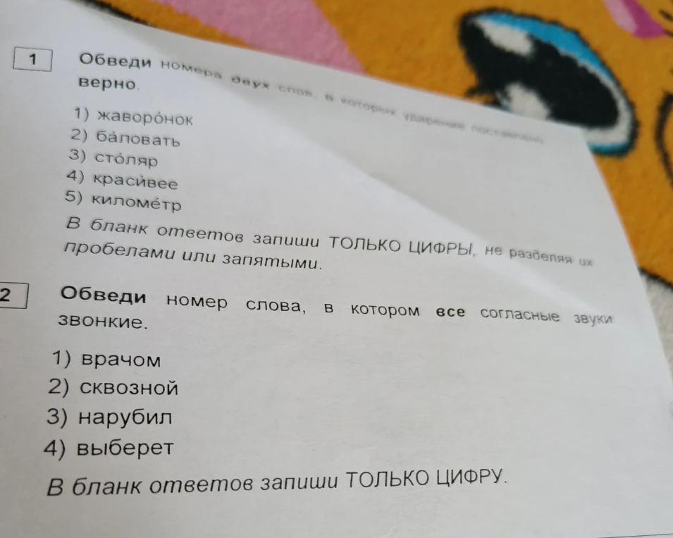 Обведи номера двух слов, в которых ударение поставлено верно.