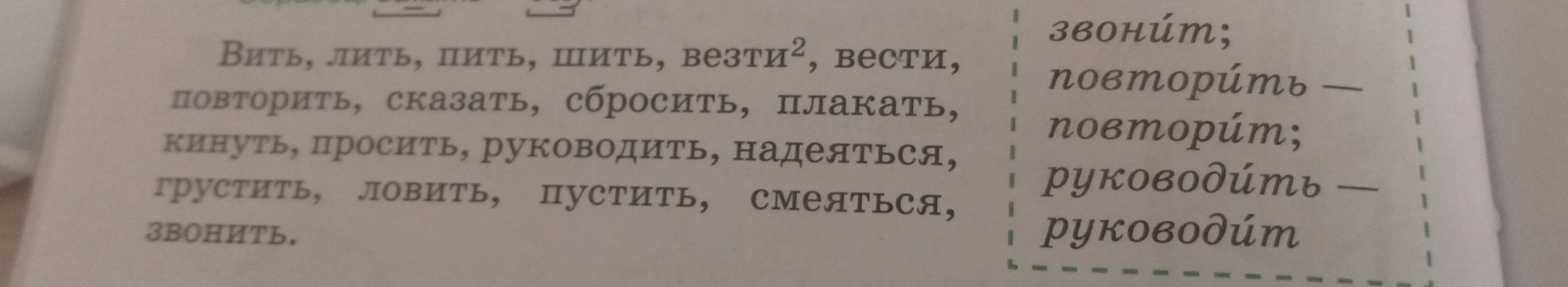 Вить, лить, пить, шить, везти2, вести, повторить, сказать, сбросить, плакать, кинуть, просить, руководить, надеяться, грустить, ловить, пустить, смеяться, звонить.
