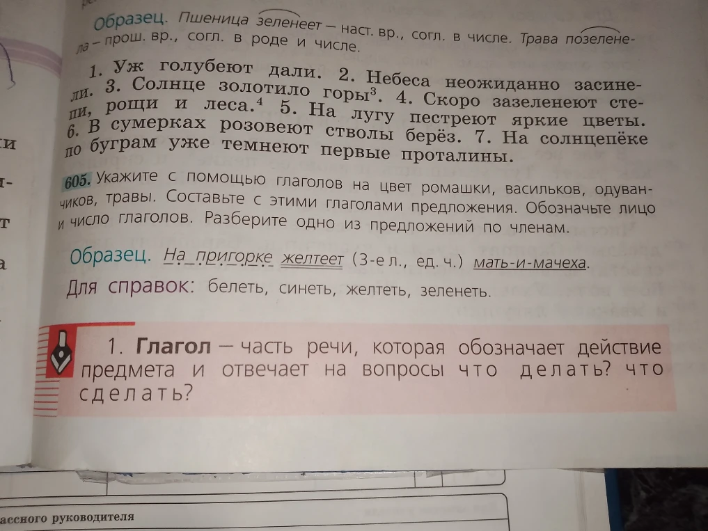 Укажите с помощью глаголов на цвет ромашки, васильков, одуванчиков, травы. Составьте с этими глаголами предложения. Обозначьте лицо и число глаголов. Разберите одно из предложений по членам.