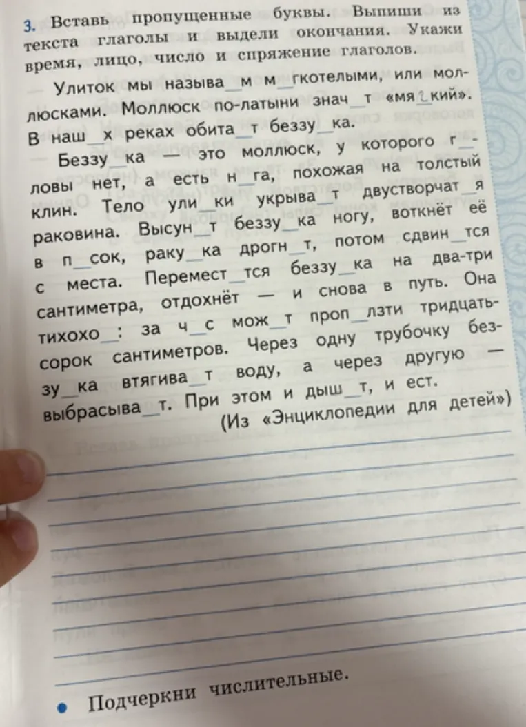 3. Вставь пропущенные буквы. Выпиши из текста глаголы и выдели окончания. Укажи время, лицо, число и спряжение глаголов.