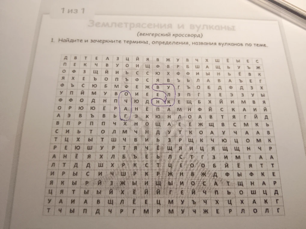 Найдите и зачеркните термины, определения, названия вулканов по теме.