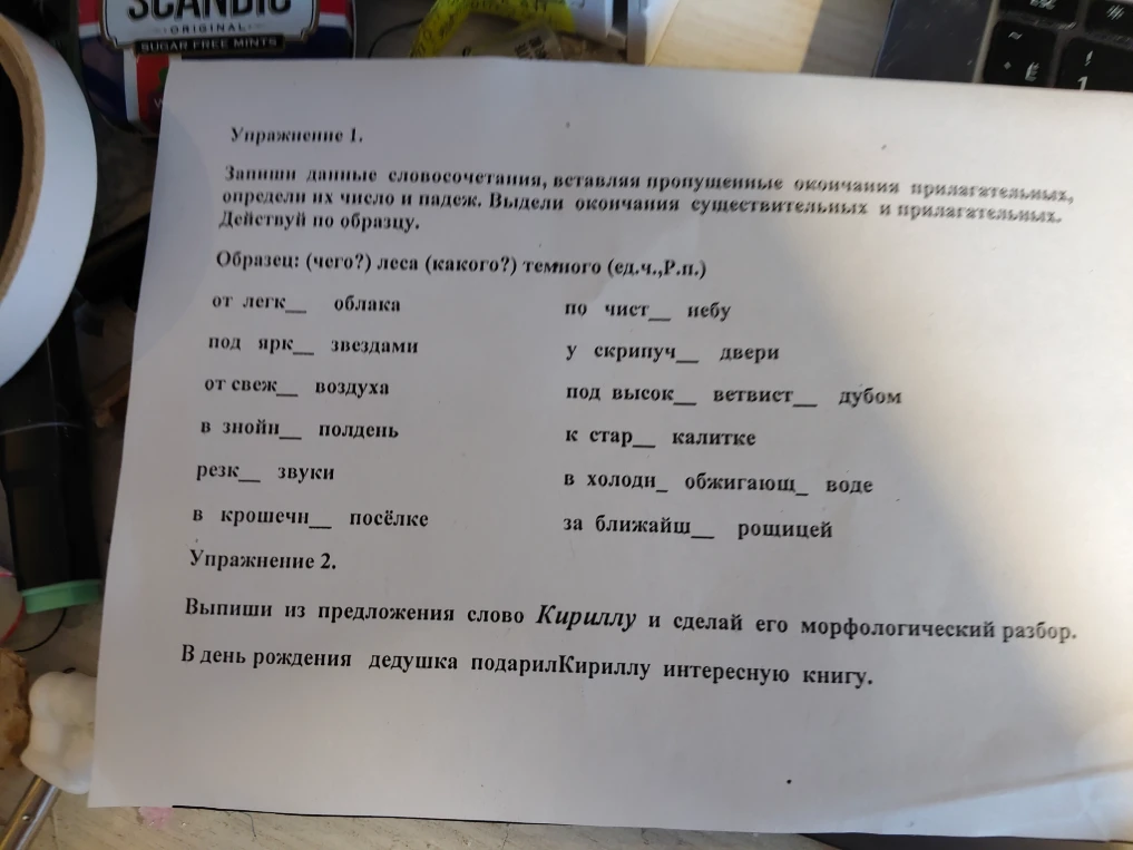 Упражнение 1. Запиши данные словосочетания, вставляя пропущенные окончания прилагательных, определи их число и падеж. Выдели окончания существительных и прилагательных. Действуй по образцу.