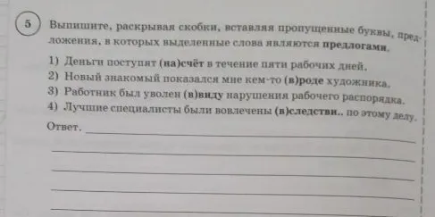 Выпишите, раскрывая скобки, вставляя пропущенные буквы, предложения, в которых выделенные слова являются предлогами.