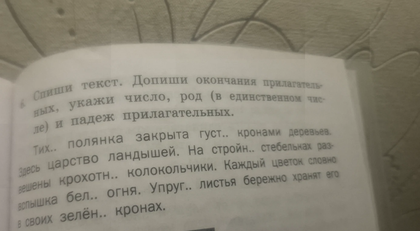 Спиши текст. Допиши окончания прилагательных, укажи число, род (в единственном числе) и падеж прилагательных.