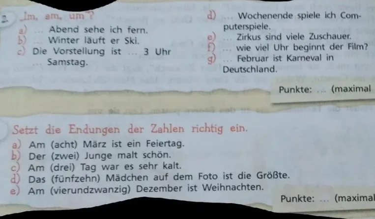 Im, am, um? ... Setzt die Endungen der Zahlen richtig ein.