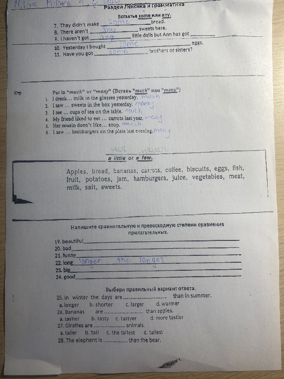 Вставьте some или any, much или many, напишите степени сравнения прилагательных.