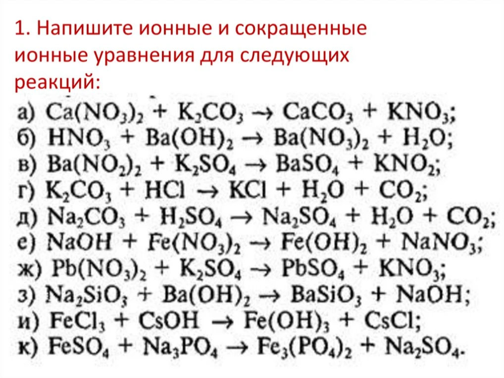 1. Напишите ионные и сокращенные ионные уравнения для следующих реакций: