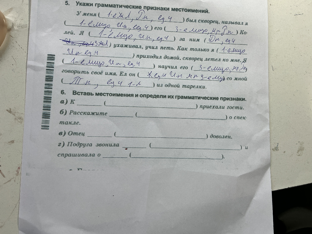 Вставь местоимения и определи их грамматические признаки.