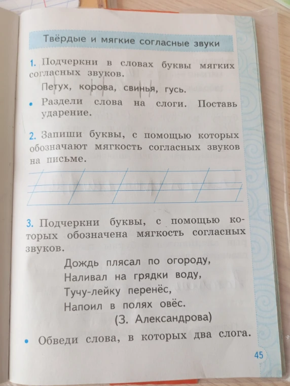 Подчеркни в словах буквы мягких согласных звуков.