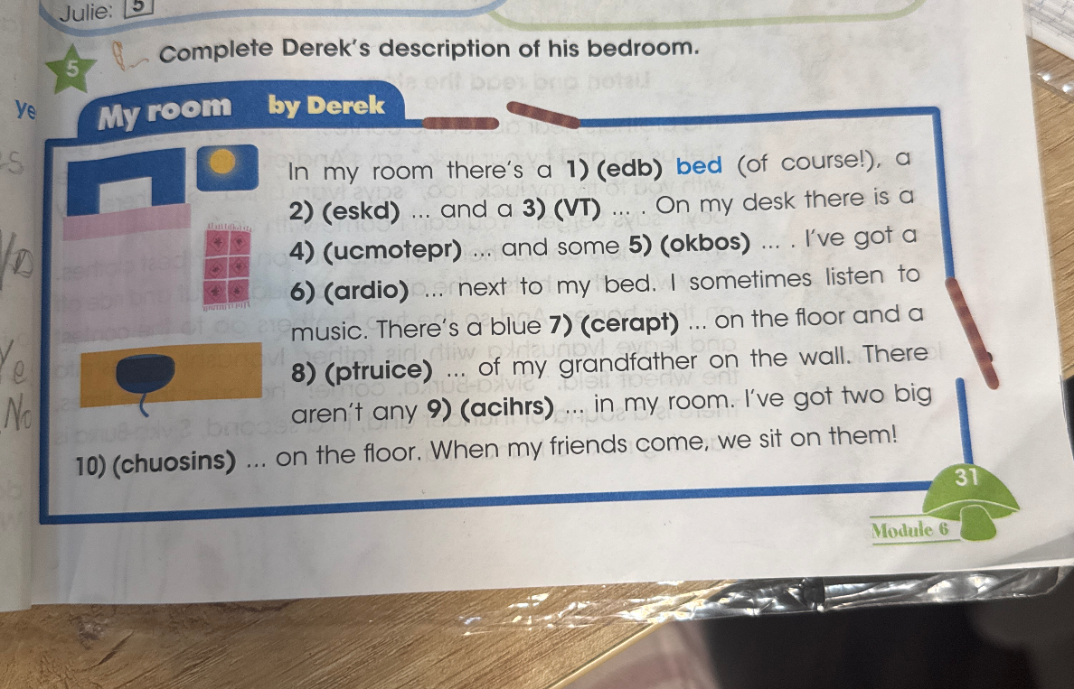 Complete Derek's description of his bedroom.