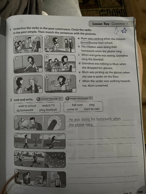 Underline the verbs in the past continuous. Circle the verbs in the past simple. Then match the sentences with the pictures.