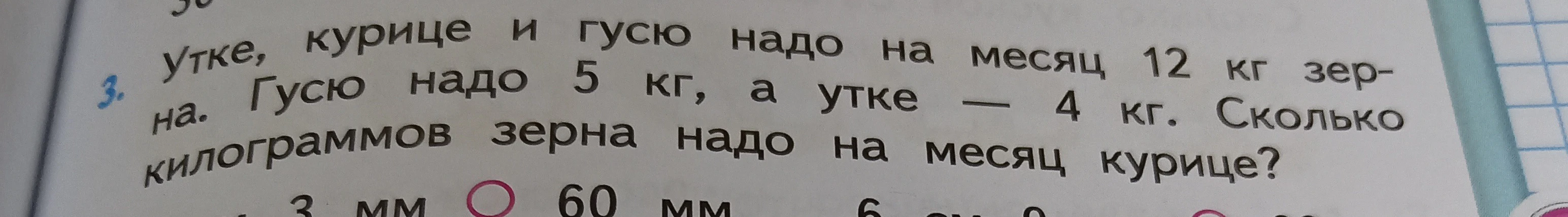 Утке, курице и гусю надо на месяц 12 кг зерна. Гусю надо 5 кг, а утке — 4 кг. Сколько килограммов зерна надо на месяц курице?