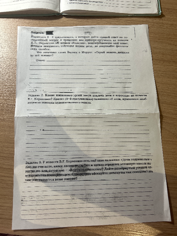 Задание 1: Напишите 3-4 предложения, в которых дайте прямой ответ на поставленный вопрос и приведите два примера-аргумента из повести В.Г. Короленко «В дурном обществе», подтверждающие ваш ответ.