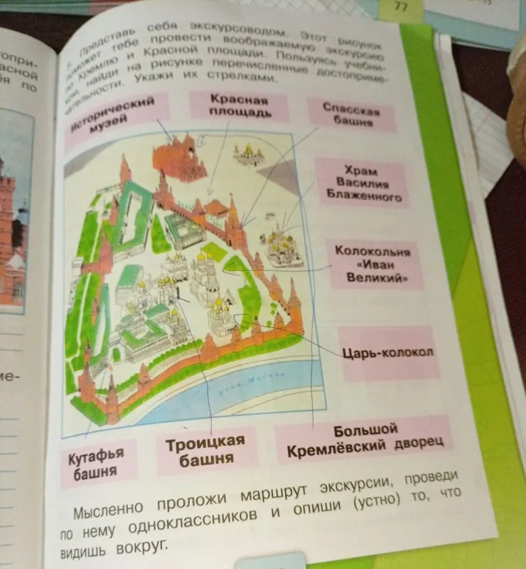 Представь себя экскурсоводом. Этот рисунок поможет тебе провести воображаемую экскурсию по Кремлю и Красной площади. Пользуясь учебником, найди на рисунке перечисленные достопримечательности. Укажи их стрелками.