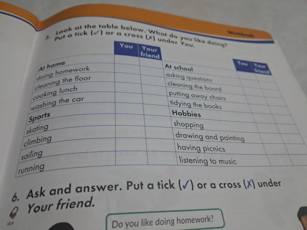 Look at the table below. What do you like doing? Put a tick (✓) or a cross (✗) under You.
