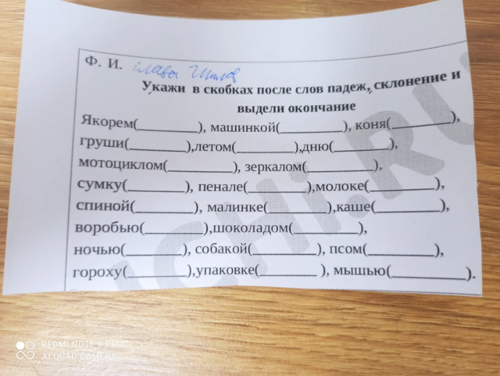 Укажи в скобках после слов падеж, склонение и выдели окончание