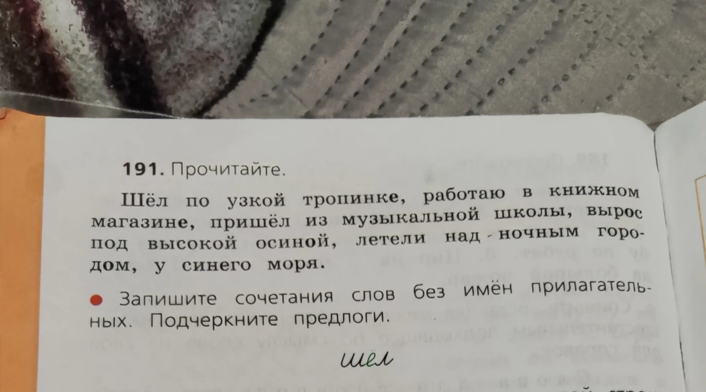 191. Прочитайте. Шёл по узкой тропинке, работаю в книжном магазине, пришёл из музыкальной школы, вырос под высокой осиной, летели над ночным городом, у синего моря. Запишите сочетания слов без имён прилагательных. Подчеркните предлоги.