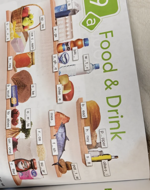 Дополни пропущенные буквы в названиях продуктов: milk, apples, eggs, ice cream, bananas, honey, juice, yoghurt, water, cake, cheese, biscuits, tomatoes, carrots, bread, pepper, honey, salt, onions, rice, meat, olive oil, fish, coffee, sugar, potatoes.