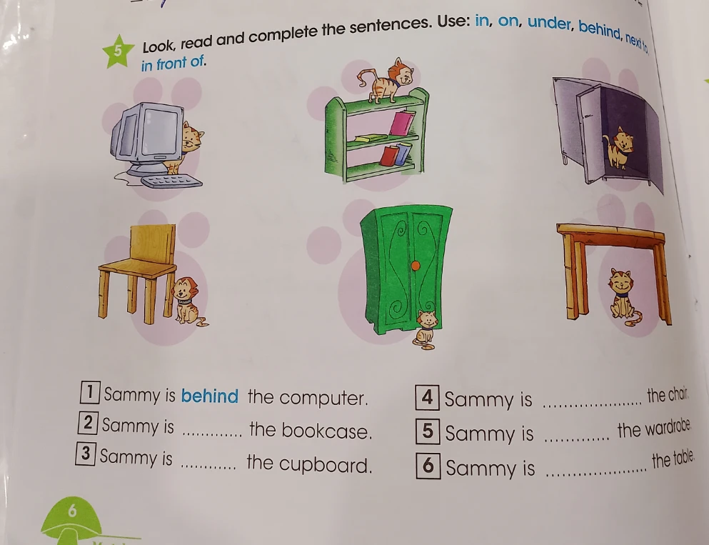 Look, read and complete the sentences. Use: in, on, under, behind, next to, in front of.