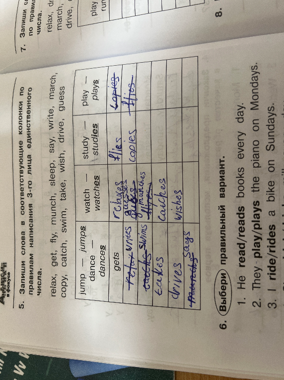 Запиши слова в соответствующие колонки по правилам написания 3-го лица единственного числа.