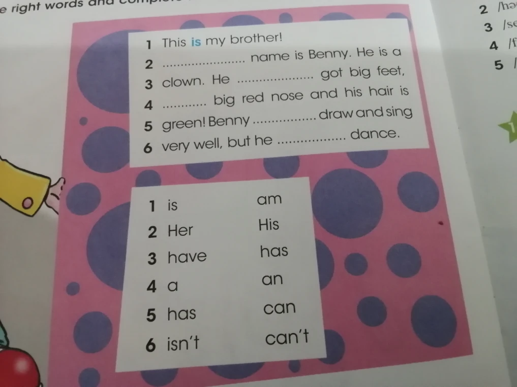 This is my brother! name is Benny. He is a clown. He got big feet, big red nose and his hair is green! Benny draw and sing very well, but he dance.