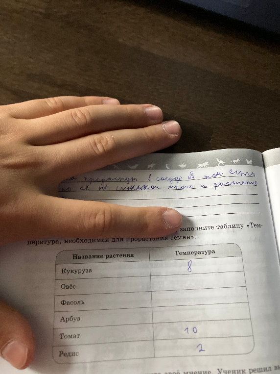 Допущение: восстановлено условие задания по заполнению таблицы минимальных температур прорастания семян. Задание: заполнить таблицу «Температура, необходимая для прорастания семян».