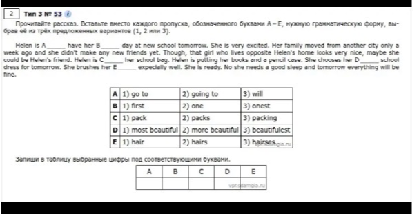 Прочитайте рассказ. Вставьте вместо каждого пропуска, обозначенного буквами А – Е, нужную грамматическую форму, выбрав её из трёх предложенных вариантов (1, 2 или 3).