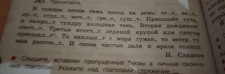 247. Прочитайте. В тундре летом семь погод на день: се..т, ве..т, ду..т, студ..т, моч..т, гре..т, суш..т.