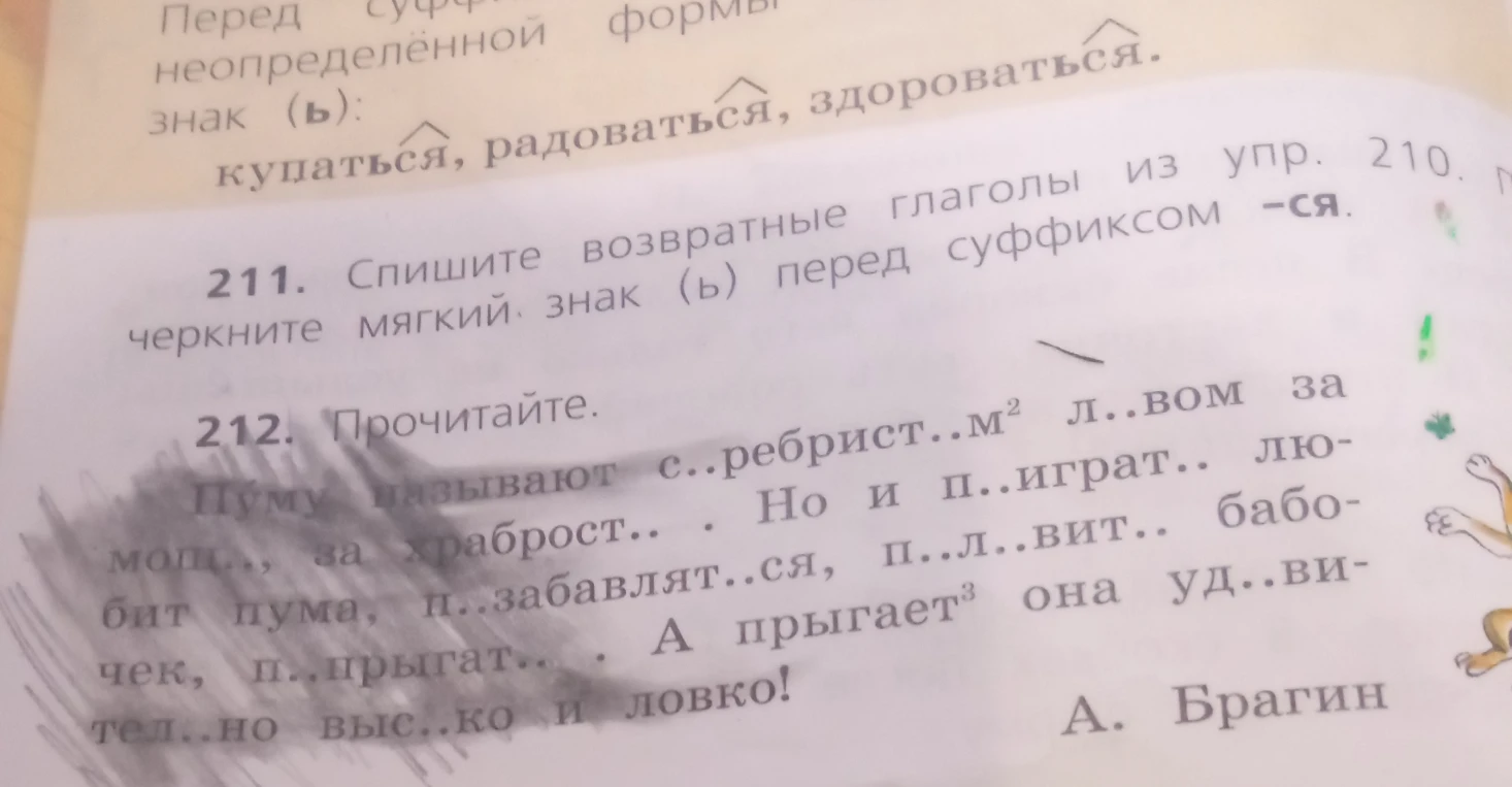 211. Спишите возвратные глаголы из упр. 210. Подчеркните мягкий знак (ь) перед суффиксом -ся.