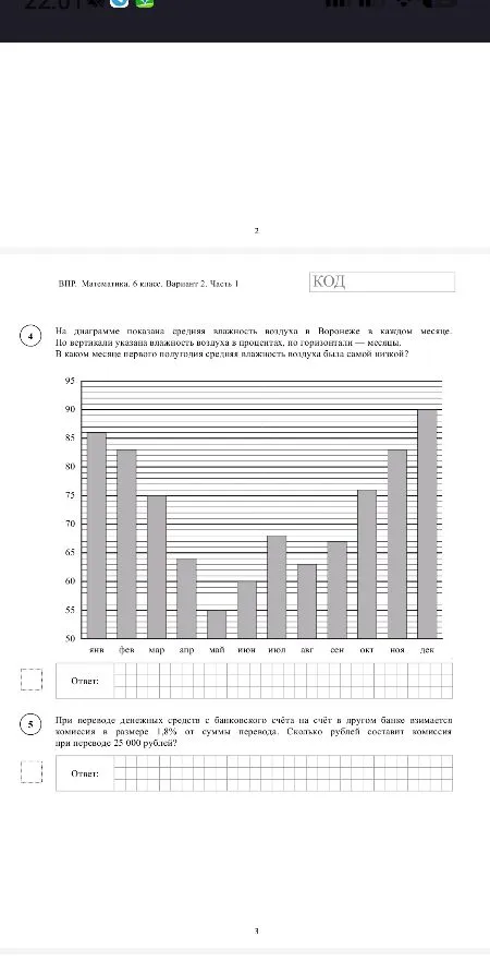 На диаграмме показана средняя влажность воздуха в Воронеже в каждом месяце.