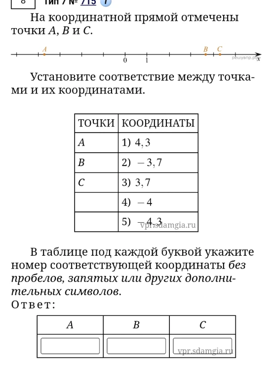 На координатной прямой отмечены точки А, В и С. Установите соответствие между точками и их координатами.