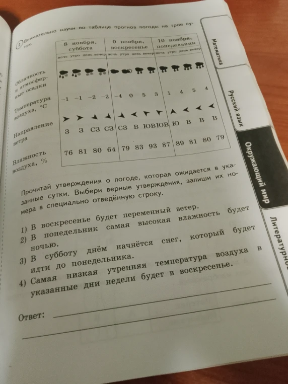 Внимательно изучи по таблице прогноз погоды на трое суток. Прочитай утверждения о погоде, которая ожидается в указанные сутки. Выбери верные утверждения, запиши их номера в специально отведённую строку.