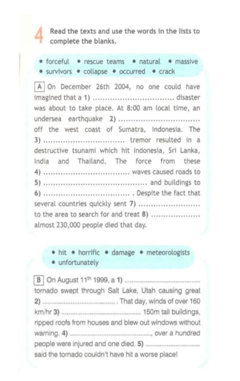 Read the texts and use the words in the lists to complete the blanks.