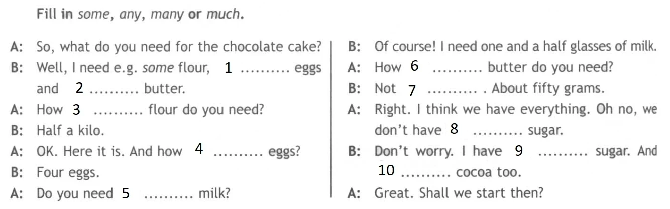 Fill in some, any, many or much.