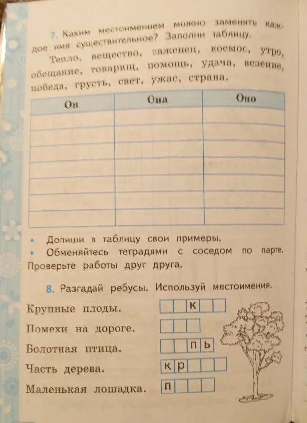 7. Каким местоимением можно заменить каждое имя существительное? Заполни таблицу. Тепло, вещество, саженец, космос, утро, обещание, товарищ, помощь, удача, везение, победа, грусть, свет, ужас, страна.