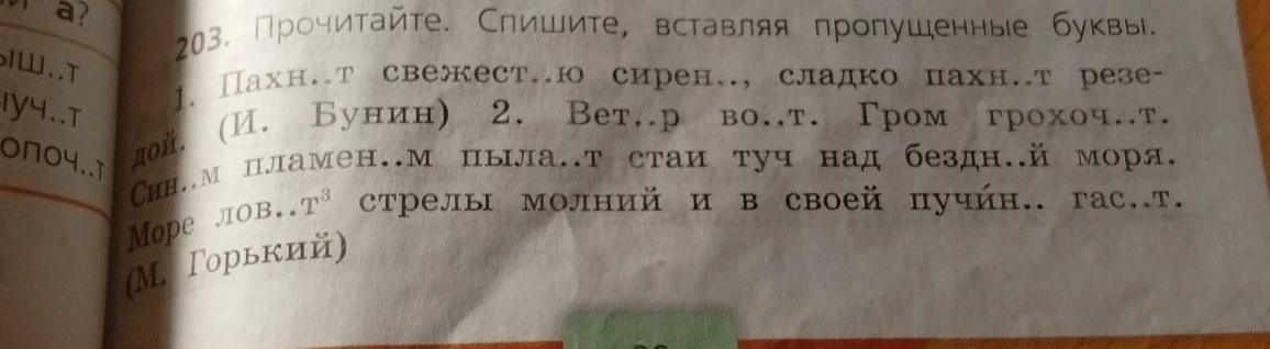 203. Прочитайте. Спишите, вставляя пропущенные буквы.