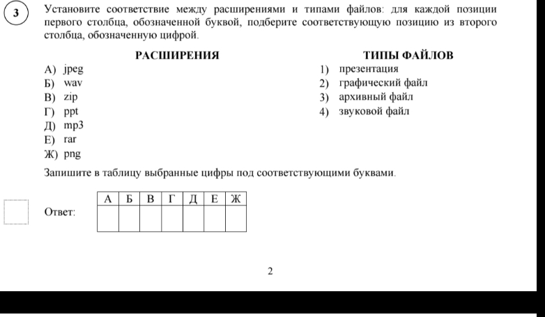 Установите соответствие между расширениями и типами файлов: для каждой позиции первого столбца, обозначенной буквой, подберите соответствующую позицию из второго столбца, обозначенную цифрой.