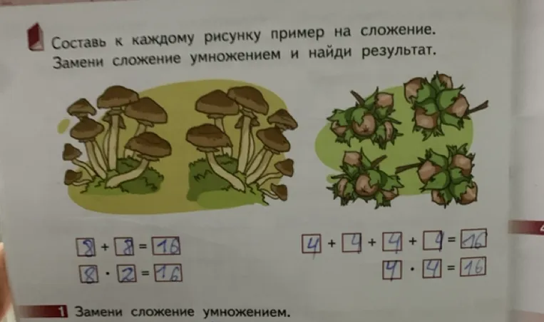 Составь к каждому рисунку пример на сложение. Замени сложение умножением и найди результат.
