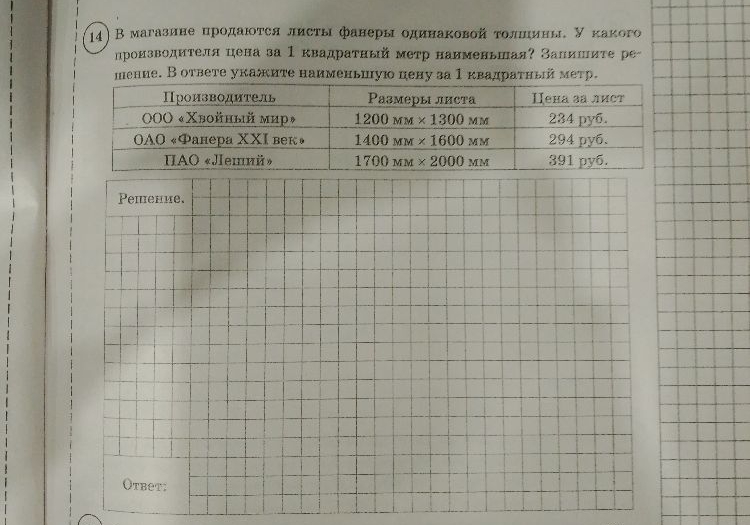 В магазине продаются листы фанеры одинаковой толщины. У какого производителя цена за 1 квадратный метр наименьшая? Запишите решение. В ответе укажите наименьшую цену за 1 квадратный метр.
