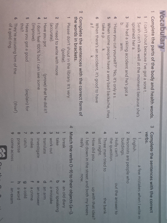 Complete the parts of the body and health words.