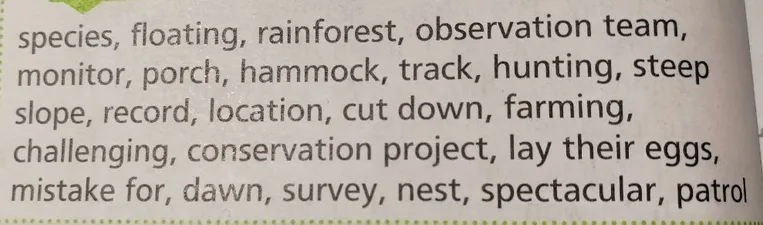 species, floating, rainforest, observation team, monitor, porch, hammock, track, hunting, steep slope, record, location, cut down, farming, challenging, conservation project, lay their eggs, mistake for, dawn, survey, nest, spectacular, patrol