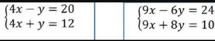 Решите системы уравнений: {4x - y = 20, 4x + y = 12} и {9x - 6y = 24, 9x + 8y = 10}.